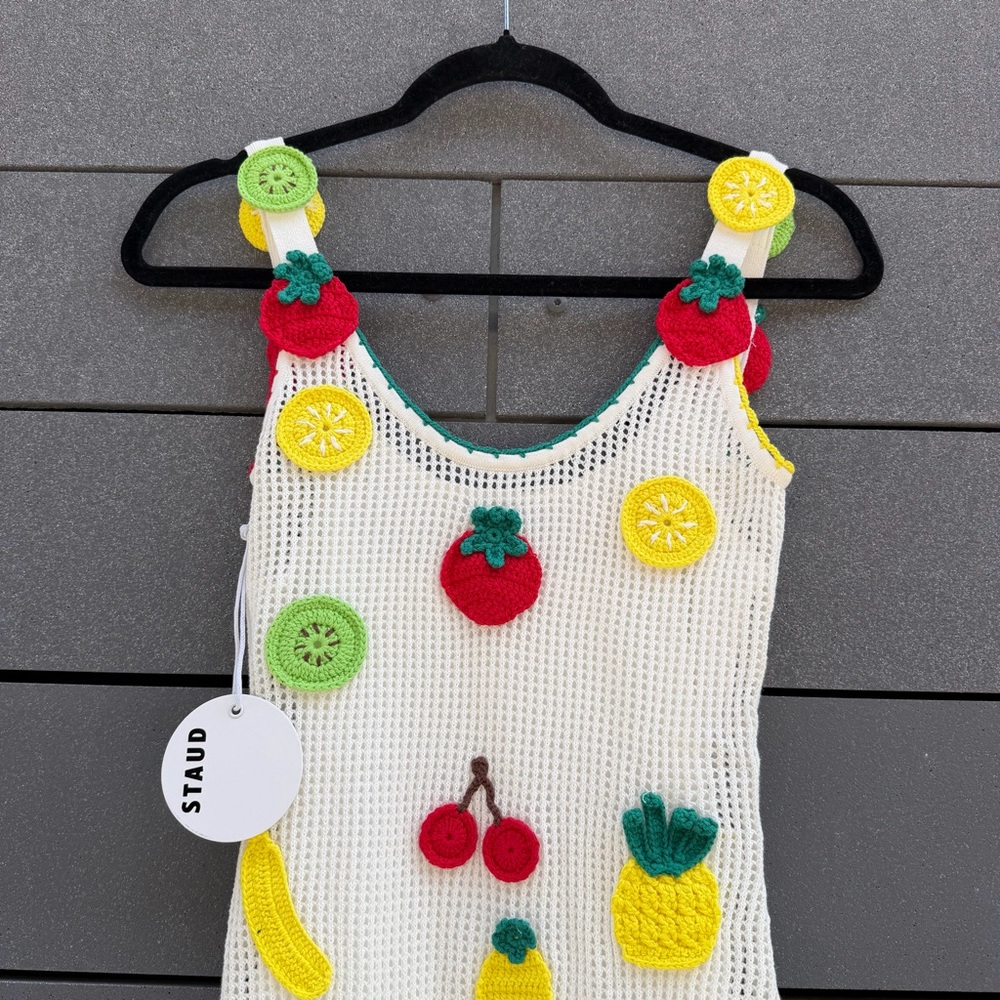 STAUD White Knit Mini Dress with Red, Yellow & Green Fruit Appliqués - Picture 2 of 7